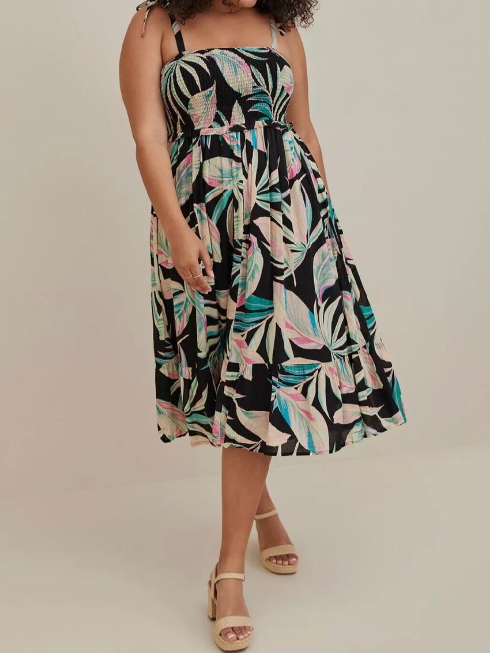 Torrid Black Tropical Rayon Smocked Shoulder Tie Tiered Dress Size 2X
